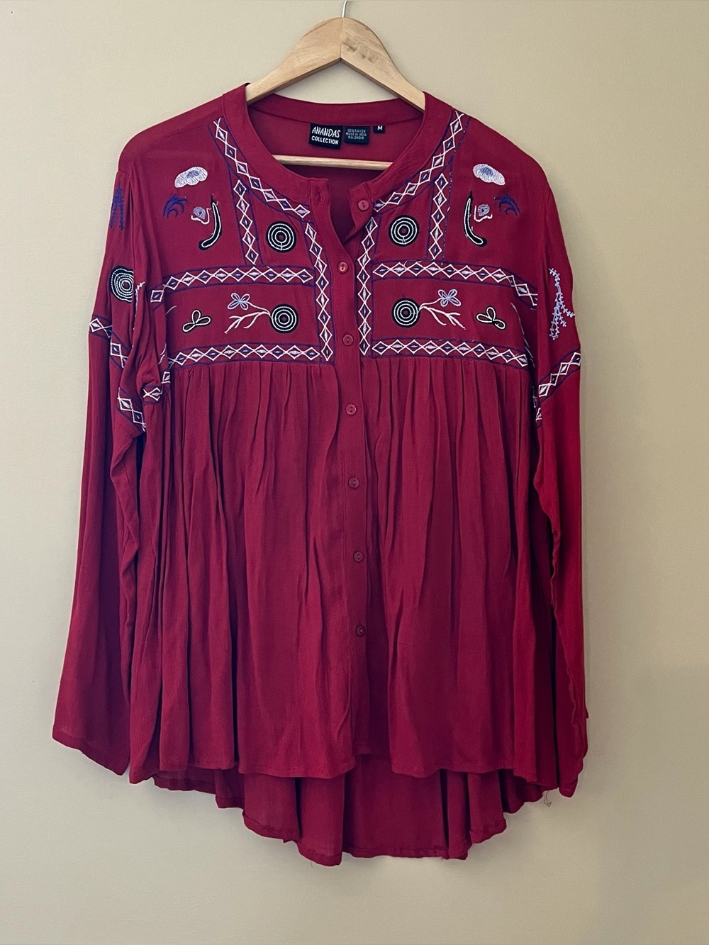 Anandas Collection Women’s Long Sleeve Blouse Button Front Boho Hippie Peasant M